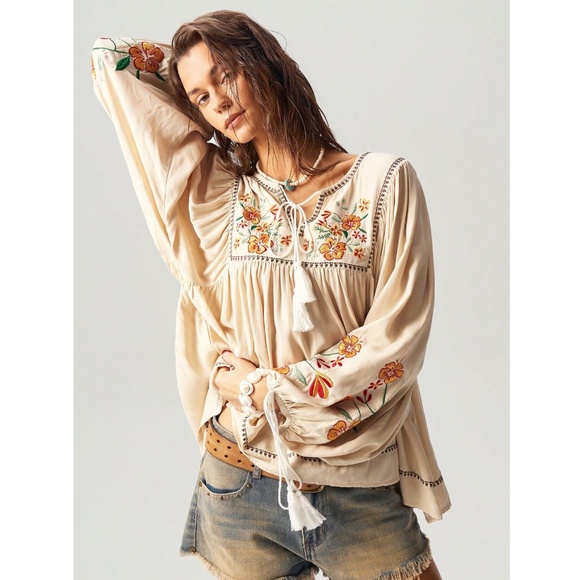 Embroidered Bohemian Shirt in Beige Detailed V-Neck, Tassel Ties on Neck, Cuffs - Picture 4 of 9